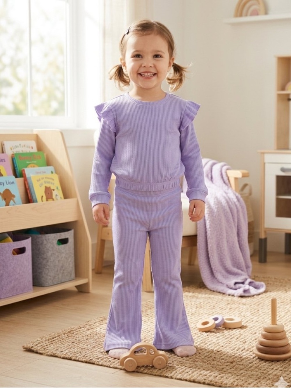 2pc Set Lavender Ribbed Ruffled Sleeve Top and Bell Bottom Pants Size 4T